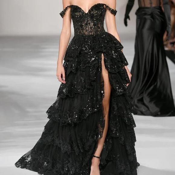 SHERRI HILL 55500 RUFFLE PROM GOWN BLACK 
‼️SHIPPED OUT MAY 5 EARLIEST‼️ - Picture 1 of 5